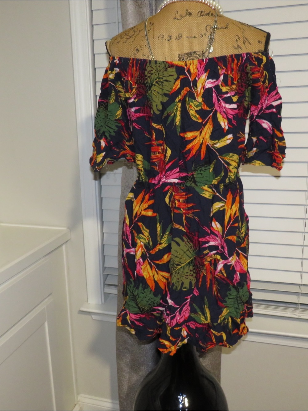 New Look Navy Off-Shoulder Maxi Skirt with Pink, Green & Orange Tropical Print